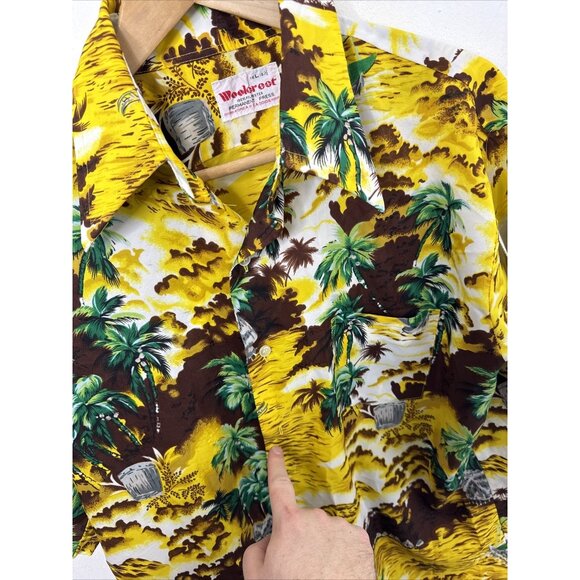 Vintage 70s Woolcrest Men L Disco Hawaiian Shirt Yellow Hipster - Picture 5 of 7